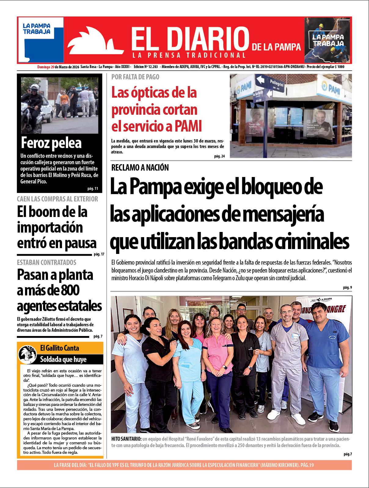 Tapa de El Diario en papel  domingo 29 de marzo de 2026